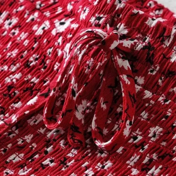 ×2 Red Floral Cotton Midi Skirt and Flutter Sleeve Top Set - Picture 9 of 13